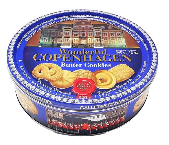 Danish Butter Cookies 340g (12 Ounce) with 32% Butter Content - in Wonderful Copenhagen Tin with Embossed Lid by Jacobsens of Denmark - Traditional Biscuit Tin Gift - Image 1