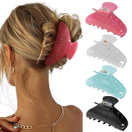 4Pcs Acrylic Large Hair Claw Clips for Women Girls - Strong Hold Jaw Clips, Non-slip Banana Barrettes for Thick Hair (Sparkle: Pink, Silver, Black, Blue) - Image 1