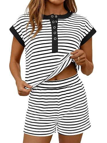 Fisoew Womens Striped 2 Piece Outfits Shorts Sets Casual Button Henley Shirts Tops Loose Workout Matching Lounge Sets - Image 1