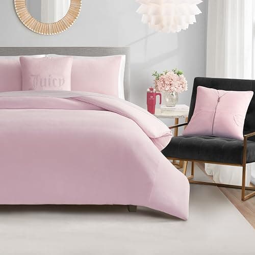 Juicy Couture Marshmallow Pink Velour Twin/Twin XL Comforter Set with Decorative Pillows - 4 Piece Luxury Bedding Ensemble - Image 1