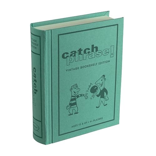 WS Game Company Catch Phrase Game Vintage Bookshelf Edition in Linen-Wrapped Book Case - Electronic Timer & 16 Double-Sided Disks Featuring 2,300+ Words, Classic Party Games, Ages 12 and Up - Image 1