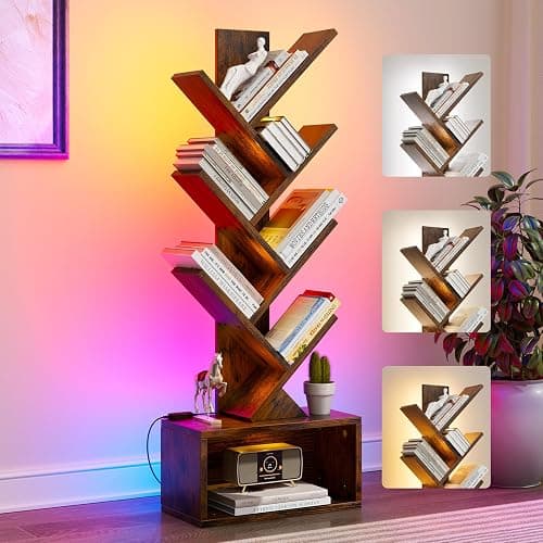 Evermagin 6 Tier Tree Bookshelf with Lights, LED Book Tree Bookcase with Storage Organizer, Small Corner Bookshelf Floor Standing Book Shelf for Living Room, Bedroom & Home Office, Rustic Brown - Image 1