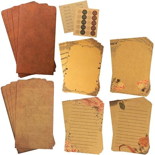 CenterZ Vintage Stationary Paper + Kraft Envelopes Set with Seal Stickers (64pcs 4 Patterns 8.3 x 5.7 Writing Stationery Papers, 20pcs 2 Colors 7.9 x 4.7 Letter Envelope, 36pcs 2 Styles Rustic Seals) - Image 1