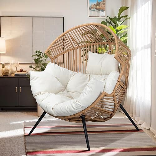 Vongrasig Outdoor Wicker Egg Chair PE Rattan Chair with Cushion, Oversized Patio Lounge Chair for Outdoor, Indoor, Balcony, Backyard, Garden, Beige - Image 1
