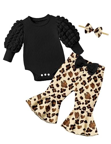 NAPU Baby Girl Clothes Long Sleeve Romper 3Pcs Baby Girl Outfits Flare Pants Set with Headband Fall Baby Girl Winter Clothes - Image 1