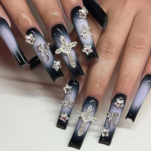 MISUD Press on Nails - Long Square Fake Nails with Goth Black Purple, Acrylic Y2K Charms Design 24 pcs - Image 1