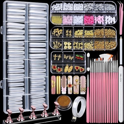 Teenitor Square Nail Tips with Nail Charms Nail Art Brushes, 240pcs XXL Fake Nails with Nail Stand for Extensions, Clear Acrylic Nail Tips Gel Nails Long Full Coverage - Image 1