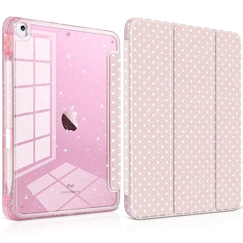 MEEgoodo Case for iPad 10.2 inch(9th Generation 2021/8th Gen 2020/7th Gen 2019), Glitter Tablet Cases with Transparent Acrylic Back+Trifold Stand+Pencil Holder+Auto Wake/Sleep,Blush Pink & Polka Dots - Image 1