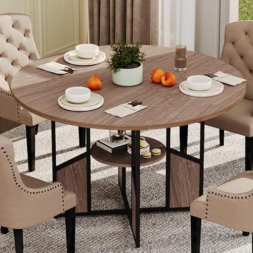 GarveeHome Round Dining Table for 4-6 People, 59 in Wood Kitchen & Dining Room Table with Pedestal Base, Adjustable Feet, Space Saving Farmhouse Circle Dinner Table for Living Room, Walnut - Image 1