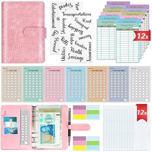 2 in 1 Budget Planner, A6 Money Saving Wallet with 7 Savings Challenge Trackers, Budget Binder with 12 Cash Envelopes and 12 Expense Sheets, Cash Stuffing Money Organiser Book for Travel Diary, Pink - Image 1
