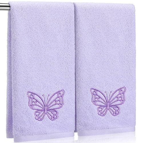 SmoothNovelty 2 Pcs Butterfly Hand Towels Purple Bathroom Decor 14x29 Inch | Embroidered Bathroom Hand Towels, 100% Cotton, Soft Absorbent, Purple Butterfly Bathroom Kitchen Decor - Image 1