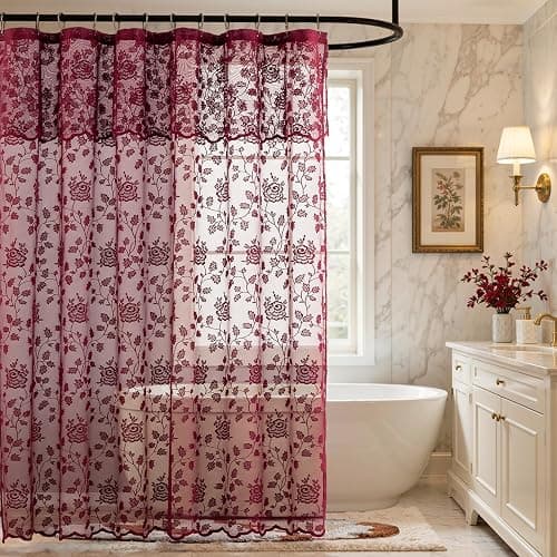 Burgundy Floral Lace Shower Curtain with Valance, 72 x 72 Inch, 1 Panel | Victorian Romance, French Country Charm, Shabby Chic Accent, Soft Light Diffusion, Rich Bath Decor, Subtle Privacy - Image 1