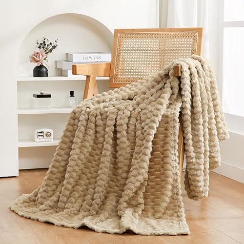 Beige Throw Blanket 50"×60" inches Fuzzy 3D Jacquard Decorative Flannel Fleece Super Soft Plush Cozy Blanket for Couch Sofa Chair Lightweight,Khaki - Image 1