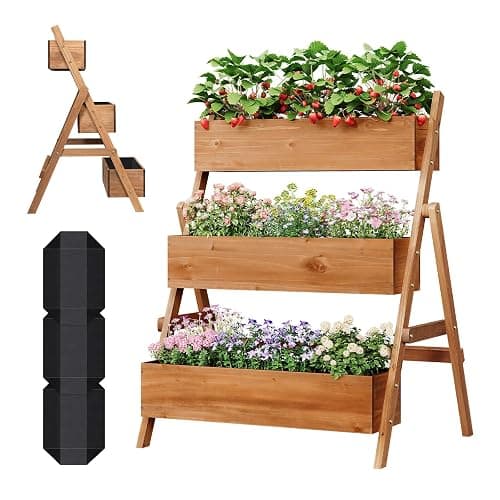 WOLTU Jardinière Surélevée, Étagère Escalier pour Plantes à 2/3 Niveaux avec Boîtes à Fleurs, pour Terrasse Balcon Jardin Intérieur Extérieur, 80x62x100 cm, en Bois, Marron - Image 1