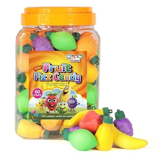60 Fruit Shaped Fizzy Candy Powder, With Hanging Hole Caps for Decorative Stringing, Great for Hanging on Christmas Trees, Fun and Unique 90’s Retro Candy, Gluten Free & Nut Free, by 4YoreElves - Image 1