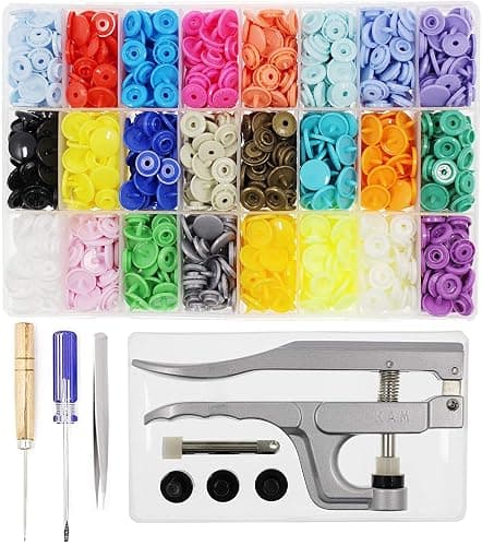 KAM Snaps Buttons + Snap Pliers, Starter Fasteners Kit, 384 Sets 24-Colors, Size 20 T5 KAM Snap Plastic Fasteners Punch Poppers Closures No-Sew Buttons for Crafts Cloth Diaper Bibs - Image 1