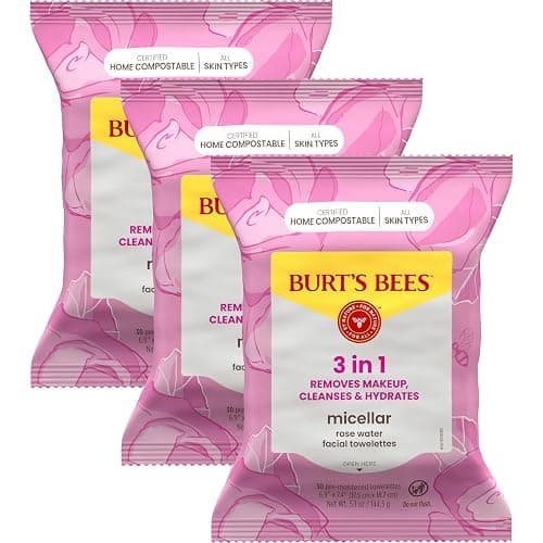 Burt's Bees Stocking Stuffers, Rose Water Face Wipes, for All Skin Types, Hydrating Micellar Makeup Remover & Facial Cleansing Towelettes, Skin Care Christmas Gifts, 30 Ct (3-Pack) - Image 1