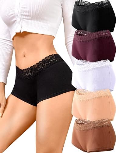 FINETOO Cotton Underwear for Women Boy Shorts Lace Boxer Briefs Soft Full Coverage Womens Panties 5 Pack S-XXL - Image 1