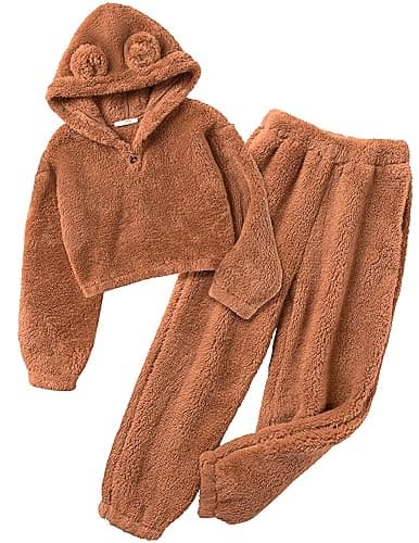 Arshiner Girls 2 Piece Outfits Sweatsuit Fuzzy Long Sleeve Bear Ear Hoodie Sweatshirt and Sweatpant Kids Clothing Sets - Image 1