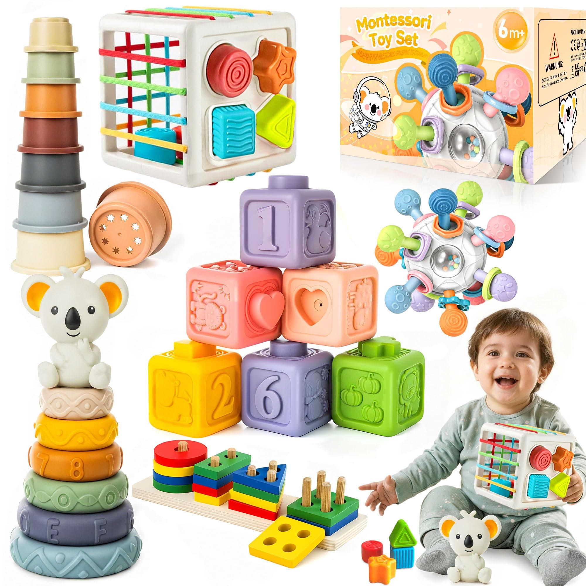 6in1 Montessori Toys for Babies - Stacking Blocks Rings Sensory Bin Toy with Cups & Shape Sorting for 6-12-18 Months, Educational Newborn Baby Development Toys Gift Infant Toddlers 1-3 Years Old - Image 1