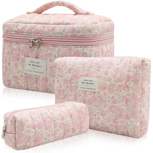 3pc Makeup Bag Set, Quilted Makeup Bag Set, Large Floral Cosmetic Bag for Women, Cute Cotton Makeup Bags, Flower Travel Toiletry Organizer Bag (Pink Crushed flower) - Image 1