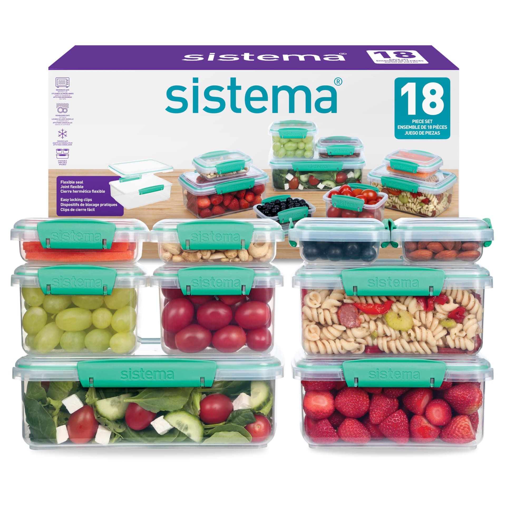 Sistema KLIP IT Food Storage Containers | Airtight & Stackable Meal Prep Containers with Lids | School Lunch Boxes & Snack Boxes | BPA-Free | 18 Count (9 Containers & Lids) - Image 1