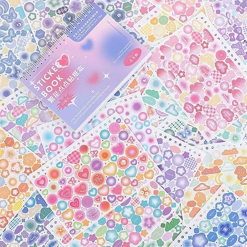 Doraking Colorful Sticker Book, 50 Sheets Shiny Love Bubble Heart Butterfly Ribbon Cute Stickers for Junk Journal Arts Craft Greeting Cards Scrapbook Supplies Home Decoration, DIY Deco Stickers (A) - A - Image 1