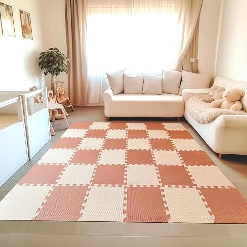 TCBunny Kids Soft EVA Foam Jigsaw Puzzle Play Mat, 36 Interlocking Tiles and Edges Baby Play Mat, for Kids Gym, Nursery, Playroom, Pet Mat, Total Floor Coverage 32 Sq Ft, Pink/Peach - Image 1