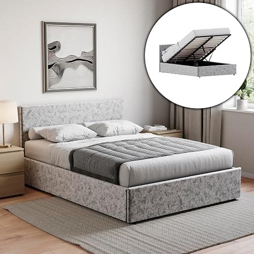 Vida Designs Veronica King Size Ottoman Bed, 5 ft Bed Frame Storage Lift Upholstered Fabric Headboard Bedroom Furniture, Silver Velvet - 5 FT King Size - Silver - Image 1
