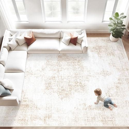 Area Rugs 8x10 Vintage Rug: Large Washable Living Room Rug Retro Medallion Distressed Rugs Soft Low Pile Non-Slip Indoor Floor Carpet for Bedroom Kitchen Nursery Dining Table Office (Beige, 8'x10') - Image 1