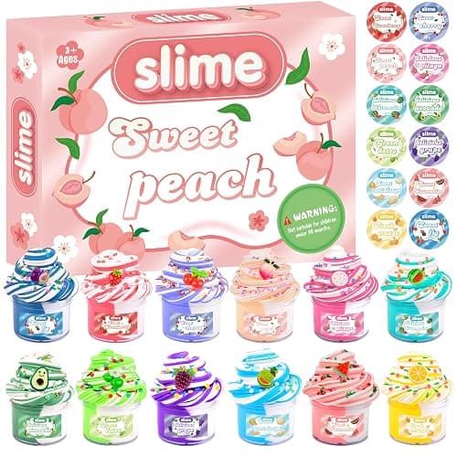 12 Packs Mini Fruit Butter Slime, Cute Peach Colourful Box, 12 Fun Slime Charms, Pre-Made Slime for Kids, Great 6 Year Old Toy, Kids Educational Stress Relief Toy, Party Favour, Birthday Gift - Image 1