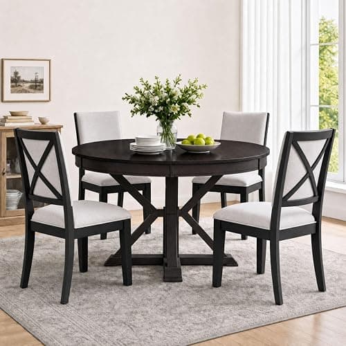 Janoray 5-Piece Dining Table Set for 4, Round Extendable Table and 4 Upholstered Chairs for Kitchen Dining Room Small Space Apartment (Dark Brown Table & Black Chairs) - Image 1