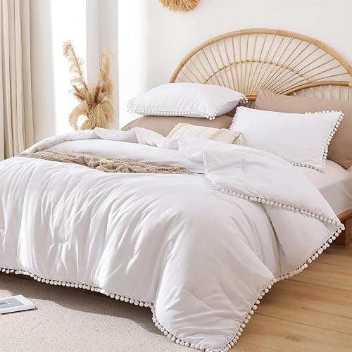 YIRDDEO Queen Comforter Set - Comforter Queen Size Sets with Ball Pom Fringe, Soft Bedding Set for All Seasons - 3 Pieces, 1 Comforter (90"x90") & 2 Pillow Shams (20"x26"), White - Image 1