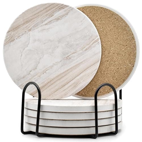 6PCS Coasters for Drinks with Metal Holder, Marble Style Ceramic Drink Coaster, Absorbent Coasters Set Suitable for Kinds of Cups, Wooden Table, Cool Home Decor, 4 Inches - Image 1