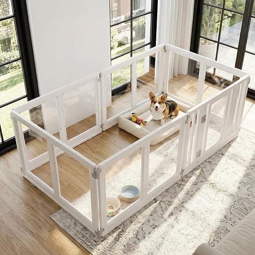 Wagora Clear Acrylic Dog Playpen with Door, Transparent Puppy Playpen for Small and Medium Puppies, Easy Assemble Pet Fence Indoor with Safety Lock (White, 69.3 x 35 x 22.4 Inch) - Image 1