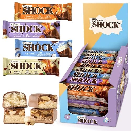 FitnesSHOCK Protein Bar Mix Box 24-Variety-Pack, No Added Sugar, High 20% Protein, Low Carb, Lower Calories, Rich in Fiber 24x50g - Mix Box 24 - 50g (Pack of 24) - Image 1