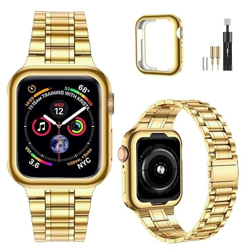 MioHHR Solid Stainless Steel Band Compatible with Apple Watch 38mm 40mm, Metal Strap with Soft TPU Case for iWatch Series 6 5 4 3 2 1 SE Women and Men (Gold, 38/40 mm) - Gold - 38/40 mm - Image 1