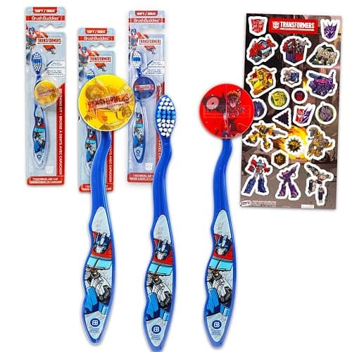 Transformers Toothbrush Kit for Kids - Bundle with 3 Optimus Prime Toothbrushes with Collectible Caps Plus Stickers for Kids, Boys, Toddlers | Transformers Toothbrush Set - Image 1