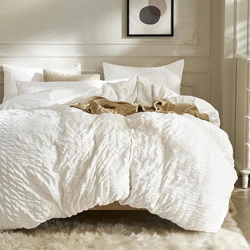 JELLYMONI White Duvet Cover Oversized Queen Size, 3pcs Washed Microfiber Bedding Set, Soft Breathable Seersucker Duvet Cover Set with Zipper Closure and Corner Ties for All Seasons - Image 1