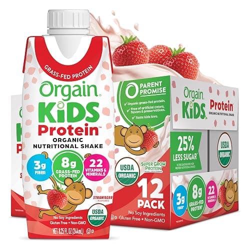 Orgain Organic Kids Nutritional Protein Shake, Strawberry, Healthy Kids Snacks, 8g Dairy Protein, 3g of Fiber, 22 Vitamins & Minerals, No Soy ingredients, Gluten Free, Non-GMO, 8.25 Fl Oz (Pack of 12) - Image 1