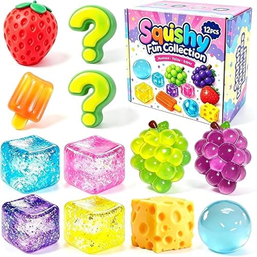 12PCS Squishy Box Mystery Fun Set Pack,Coconut Oil Strawberries, Soft Anxiety Relief with Wet Rebound, Squeeze & Squish Stress Reliever - Image 1