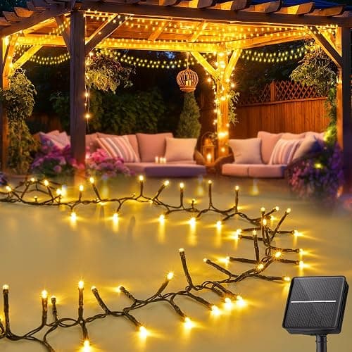 Brightown Solar Christmas Lights Outdoor, 19.6Ft 240 LED String Lights for Outside with 8 Modes, Solar Cluster Twinkle Lights Waterproof for Yard Fence Balcony Party Xmas Tree Decorations, Warm White - Image 1