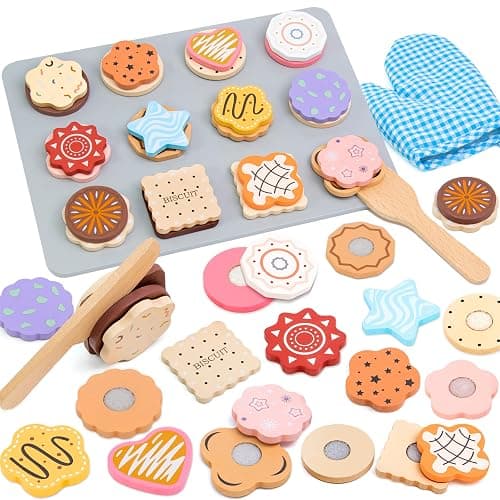 Masonbaby Wooden Play Food, Wooden Cookie Baking Playset - 28PCS Pretend Play Food with Cutting & Slicing, Toy Food Set for Kids Kitchen, Toddler Toy Baking Set Birthday Gifts for Boys Girls - Image 1