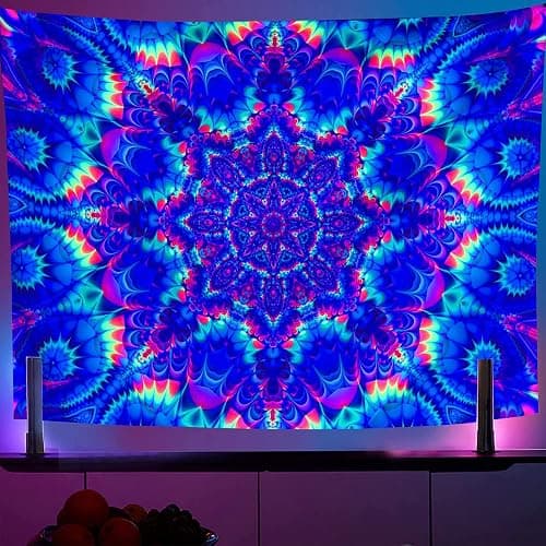 OSVINO Blacklight Mandala Tapestry 150x130CM Psychedelic Boho Tapestry Colorful Backdrop Bohemian Room Decor UV Reactive Hippie Wall Posters for Bedroom, Mandala - Image 1