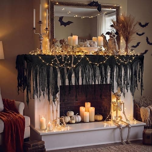 Breling 2 Pcs Halloween Creepy Cloth Black Cloth 98" x 35" Spooky Creepy Gauze with 18.04 ft String Lights Hanging Spooky Decor for Halloween Party Supplies Fireplace Window Table Doorways Decor - Image 1