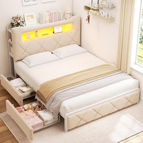 Full Upholstered LED Bed Frame with 2 Storage Drawers and 2-Tier Storage Headboard, Velvet Princess Platform Bed with Charging Station & Bookcase,Heavy Duty Metal Support,No Box Spring Needed,Beige - Image 1