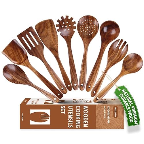 Natural Teak Wooden Kitchen Utensil Set, Handmade Wooden Utensils for Cooking, Premium Wooden Spoon and Spatula Set for Any Kitchen - Image 1