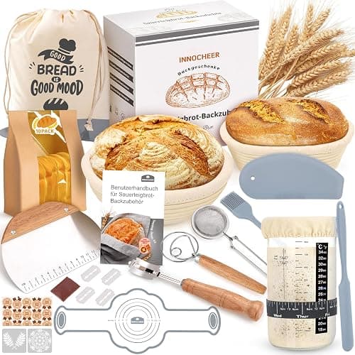 Sauerteig Starter Set, 25cm & 23cm Gärkorb Brot Backen, Sauerteig Starter Set Mit Sauerteig Starterglas, Brot Backen Startver Großes Geschenk Für Anfänger, Erfahrener Bäcker - Image 1