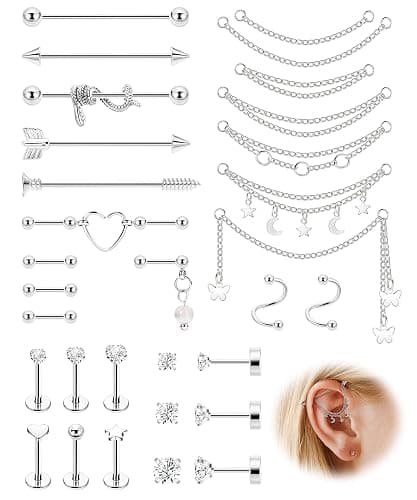 REVOLIA Surgical Steel Industrial Barbell Earrings with Chain for Women Dangle Cartilage Earring Studs Cartilage Helix Tragus Daith Industrial Piercing Jewelry Set - Image 1