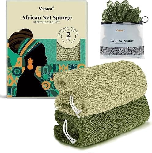 CORATED African Net Sponge Authentic, Shower Loofah Exfoliating Bath Sponge, Body Scrubber for Women Daily Use Body Care, Travel Portable Bath Accessories for Bathroom (Olive Green & Light Green) - Image 1